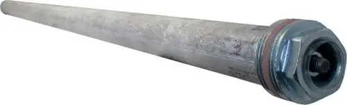 Magnesiumschutzanode von Wolf, zylindrisch, mit gewindeförmigem Ende zur Montage, aus Metall mit Verbindungselementen sichtbar.